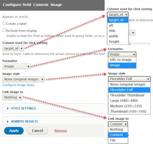Setting of image field in Views under FlexSlider format.  Note that the Title or other chosen field can be used as caption