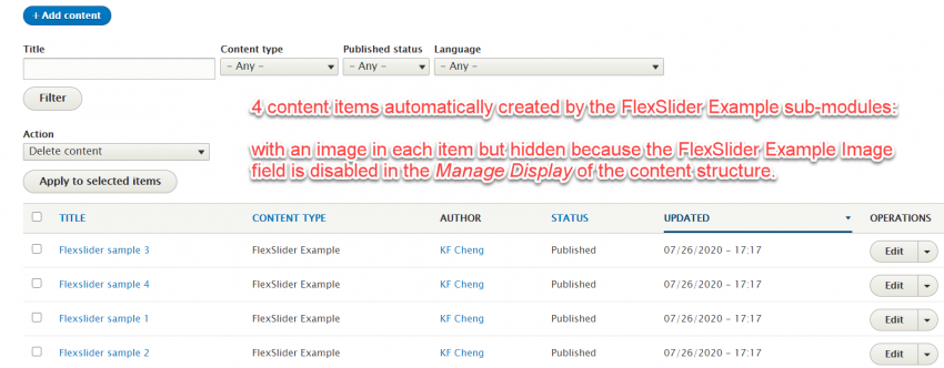After enabling FlexSlider Example sub-module, 4 content items automatically created