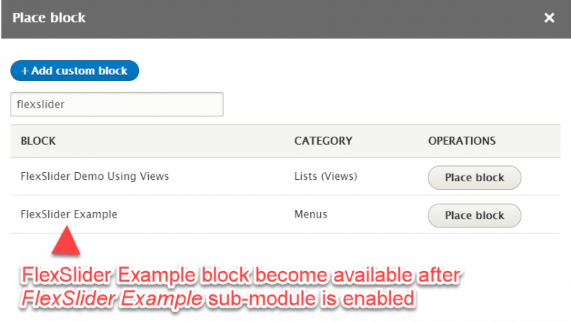 After enabling FlexSlider Example sub-module, a FlexSlider Example block become available