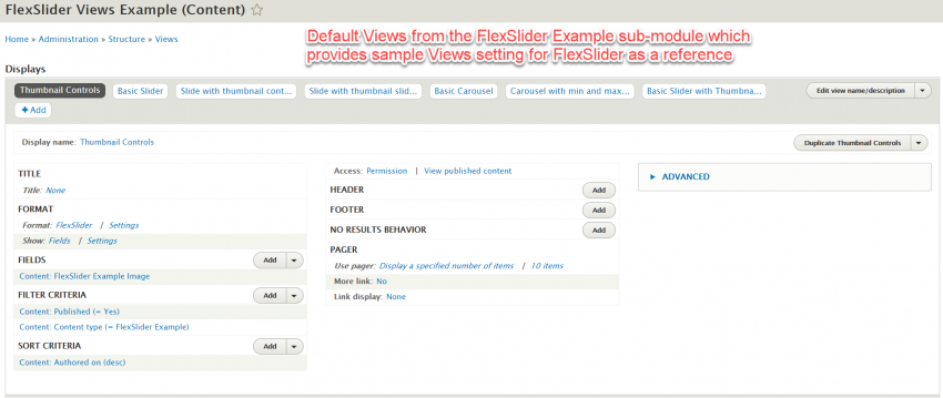 Default Views created after enabling Flexslider Example sub-module, serving as good examples on how to setup