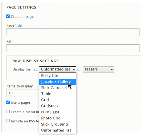 Configuration of Juicebox Gallery in Views as display format settings